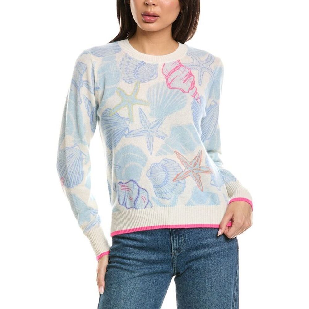 Brodie Cashmere Womens Scatter Shell Crewneck 100% Cashmere Sweater, White